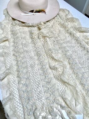 Lace crochet fringe boho shabby chic hippy knit scarf w prairie cottagecore vibe